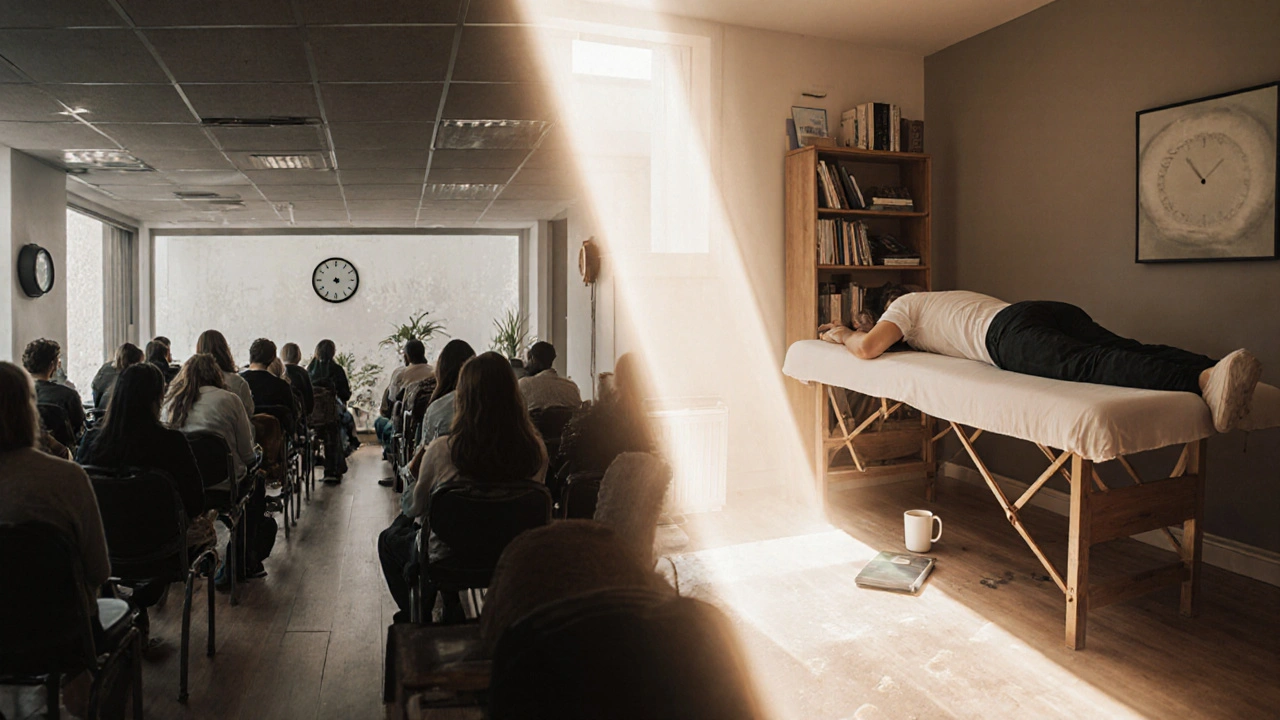 Split image: chaotic spa waiting room vs. calm home massage, symbolizing time saved and comfort regained.