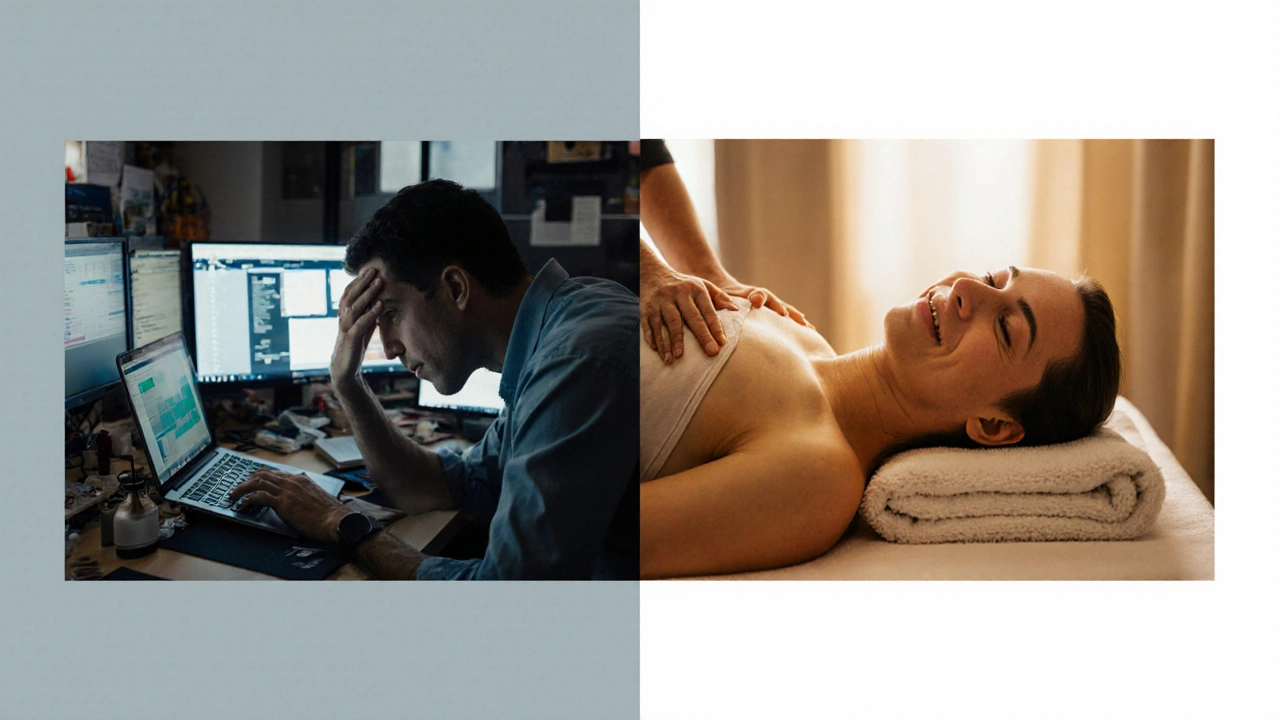 Split image contrasting stressed person at desk with same person deeply relaxed after massage, showing nervous system shift.