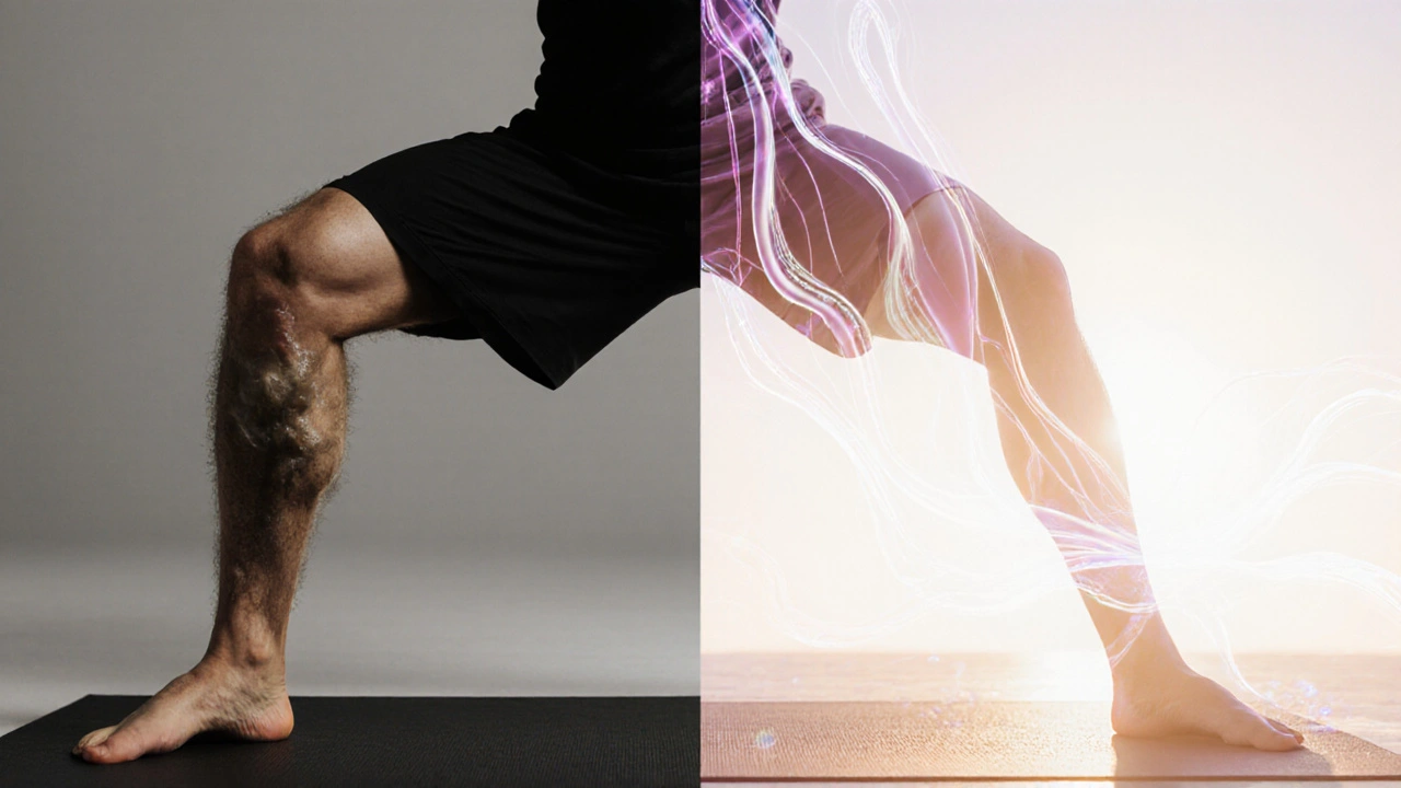 Split image showing a yogi before and after lymphatic drainage, with visible reduction in swelling and improved vitality.