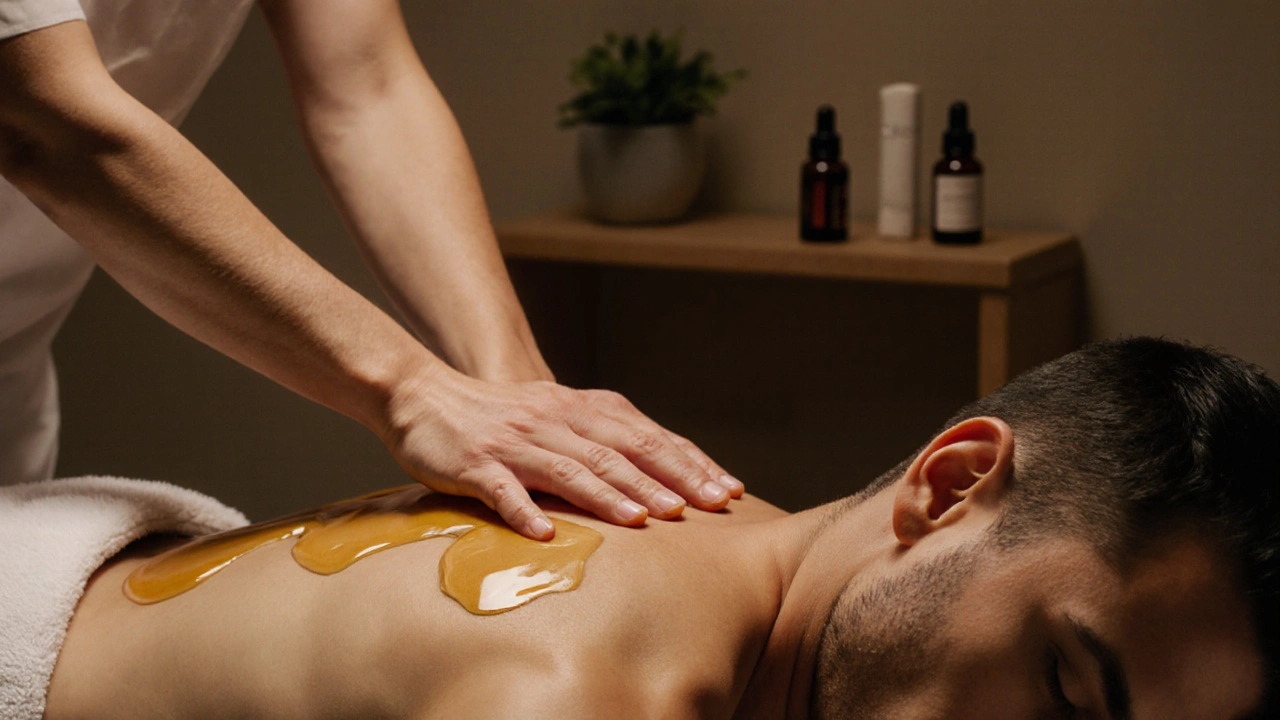 Therapist&#039;s hands applying deep tissue massage on a relaxed client&#039;s back with organic oil.