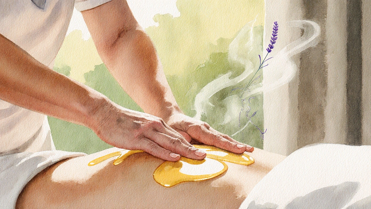 Therapist&#039;s hands gently massaging a back with warm oil, surrounded by calm natural light.
