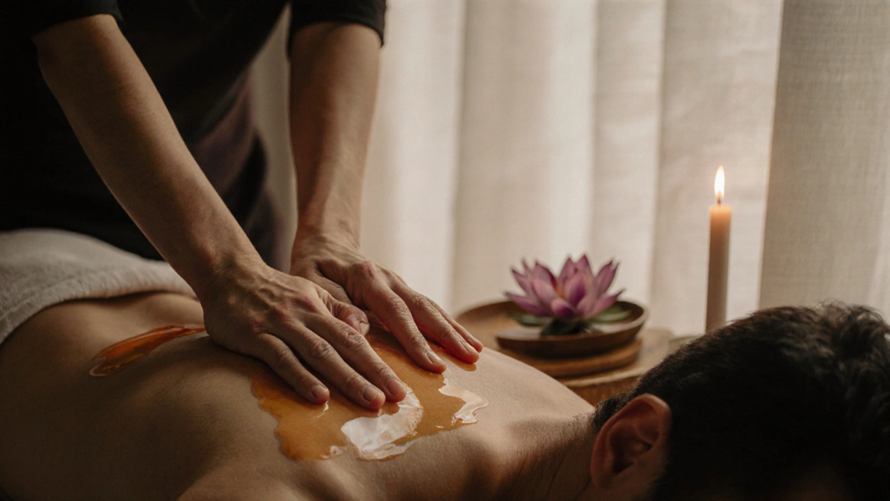 Therapist&#039;s oil-coated hands hovering gently above a client&#039;s abdomen during a Tantric session.