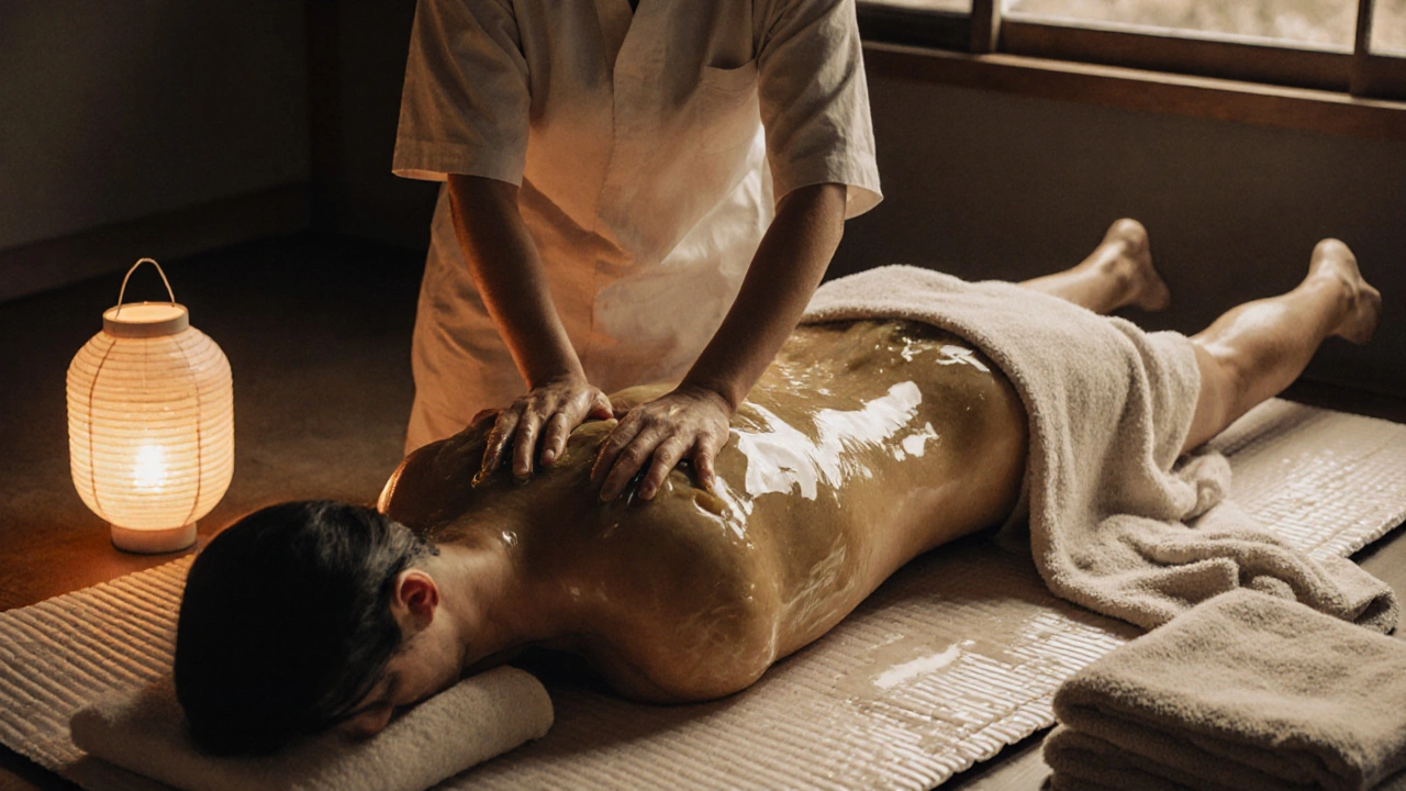 Therapist and client in a Nuru massage, gliding slowly on a mat with glistening gel, soft lantern light.