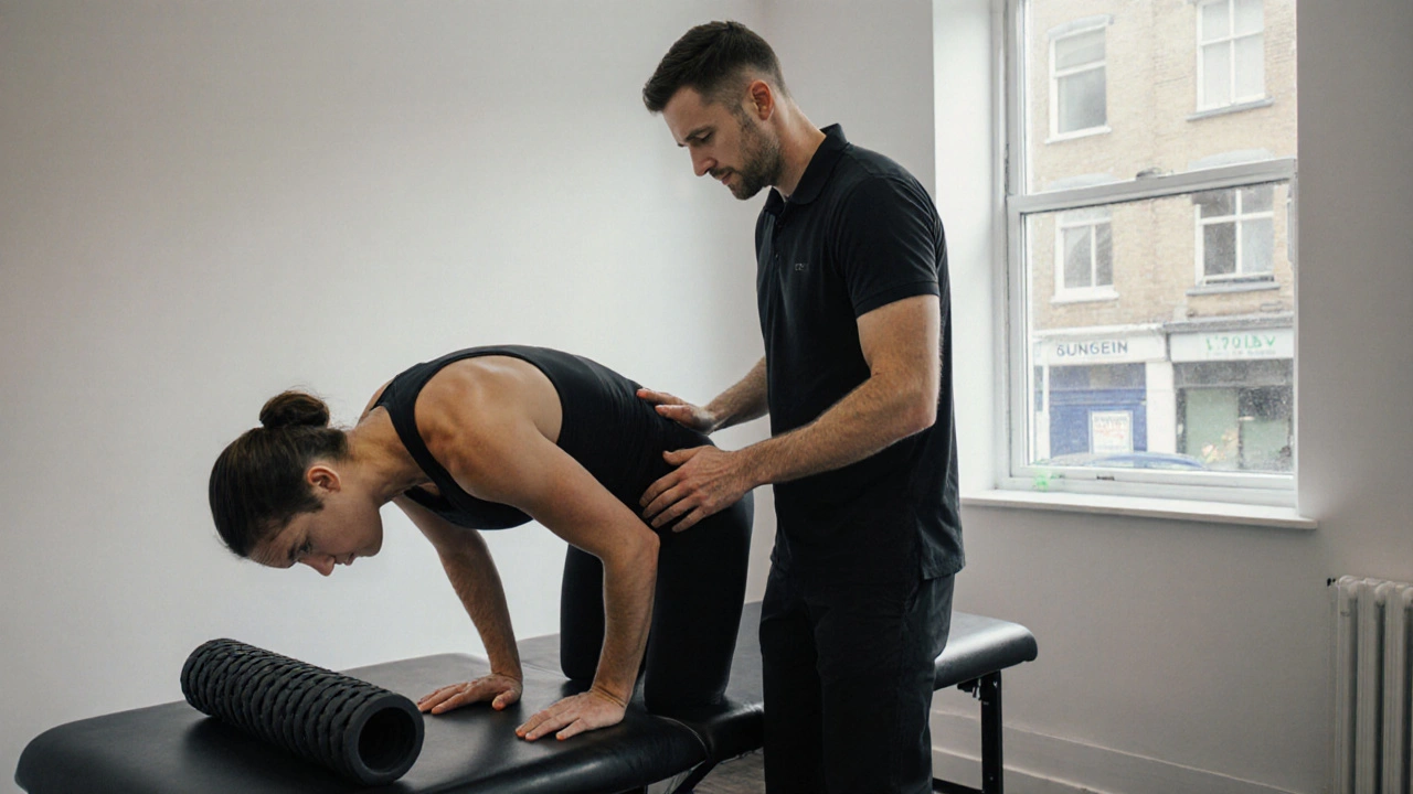 Therapist assessing cyclist&#039;s posture during sports massage session in a clinical London clinic.