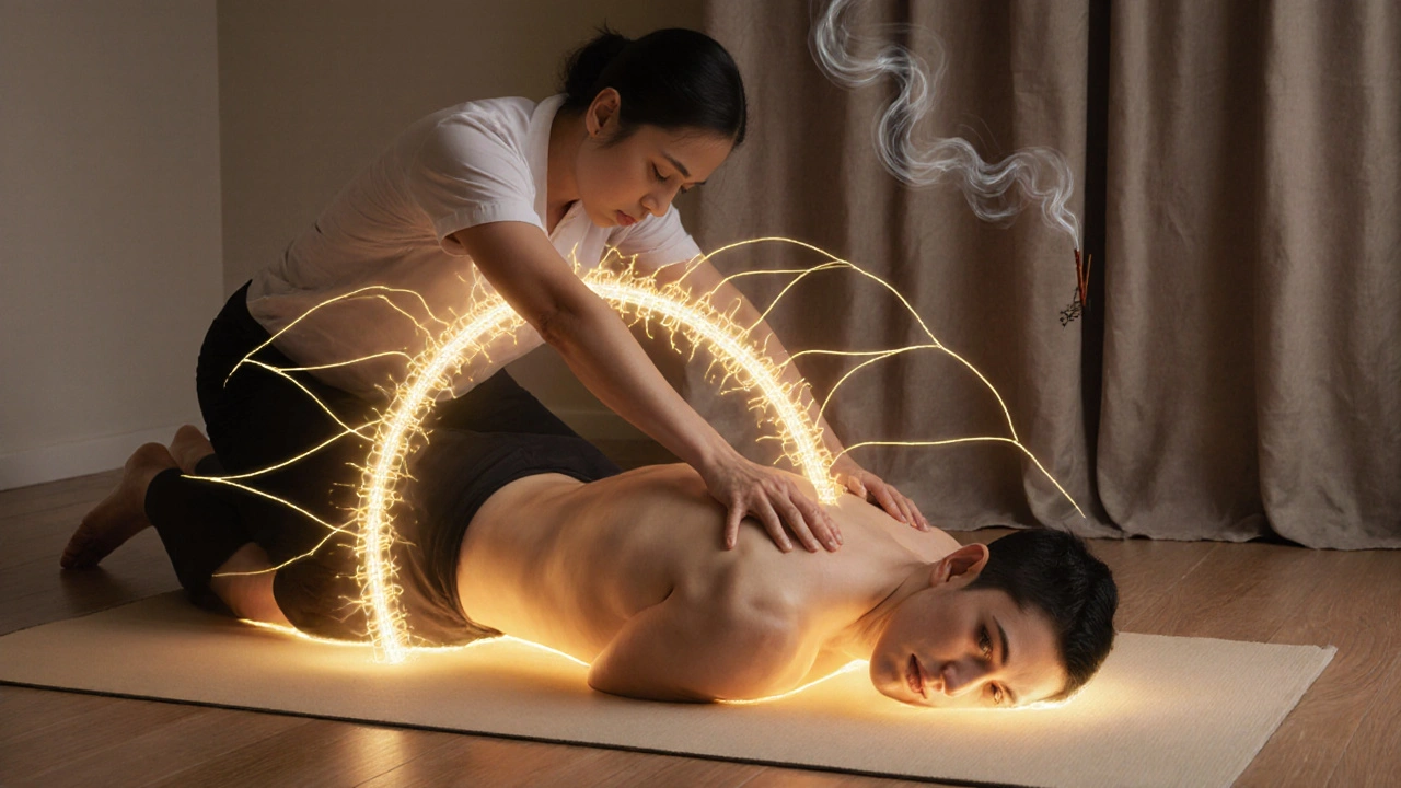 Therapist gently stretching a client’s spine with hands and elbows, golden energy lines floating nearby.