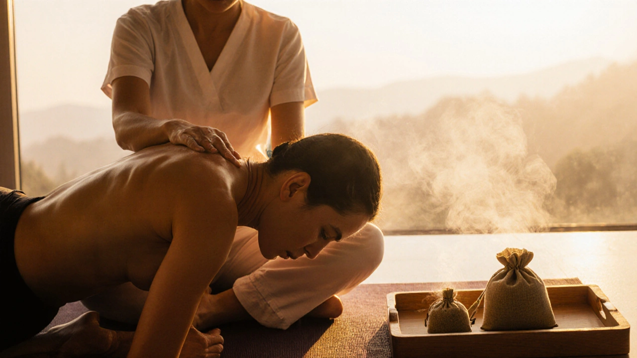 Therapist guiding client in a deep yoga-like stretch during Thai Yoga Massage, herbal compresses visible nearby.