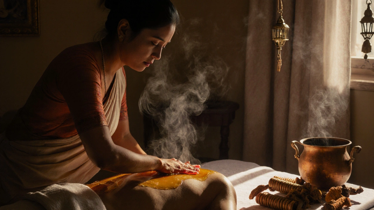 Therapist using rhythmic strokes with herbal oil on a client&#039;s back during an Abhyanga session.
