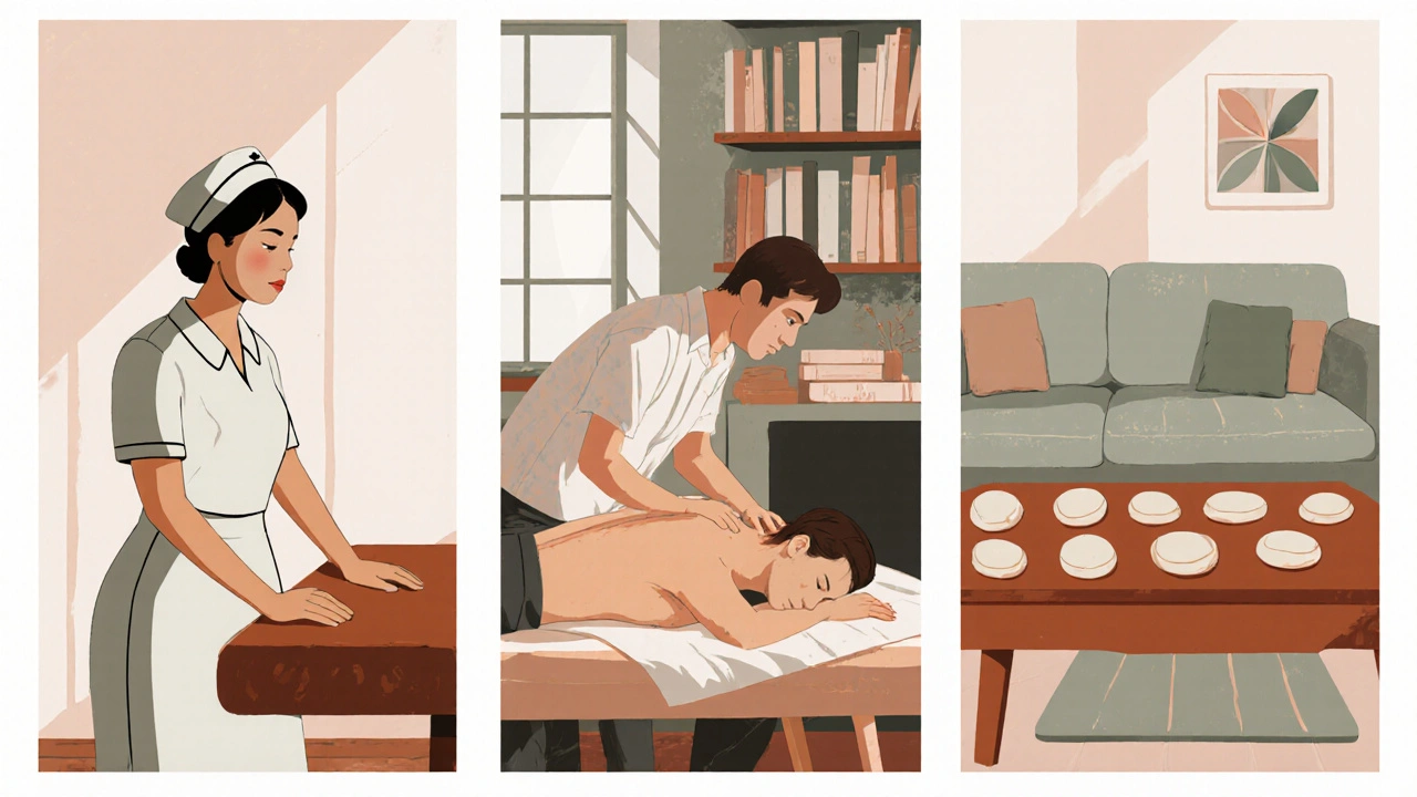 Three people receiving different types of massage in calm, intimate London therapy spaces.
