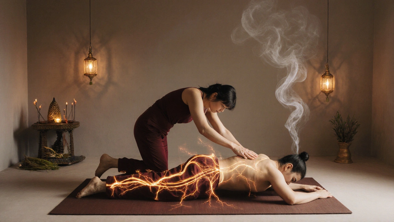 Traditional Thai massage session showing energy lines and therapist using knees to stretch client on a mat in a serene studio.
