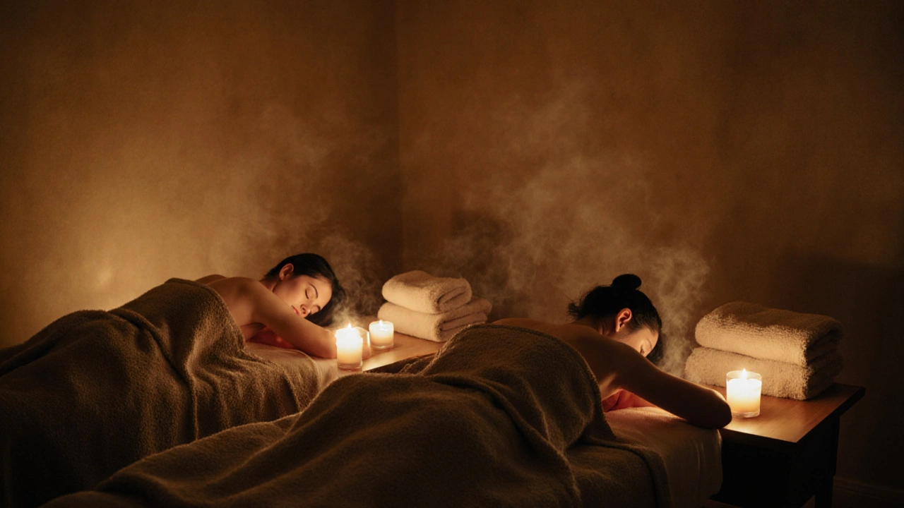 Two couples enjoying candle massage side by side in a peaceful, softly lit wellness room.