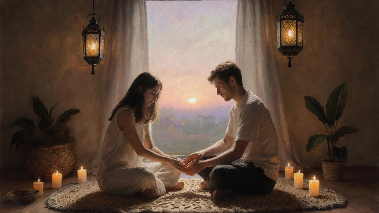 Two partners connected through gentle, non-sexual touch, one massaging the other&#039;s foot in quiet, synchronized stillness.