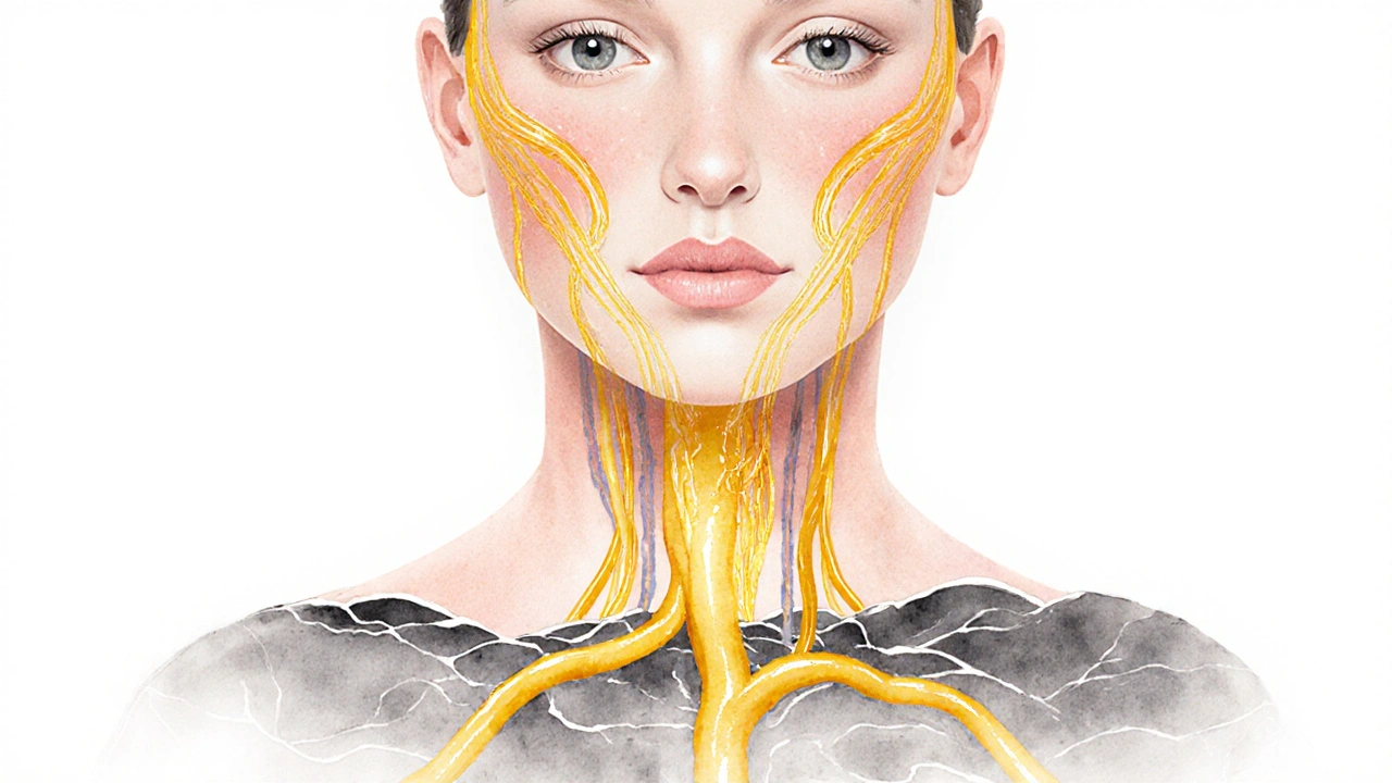 Watercolor depiction of golden lymph fluid flowing beneath facial skin toward the neck.