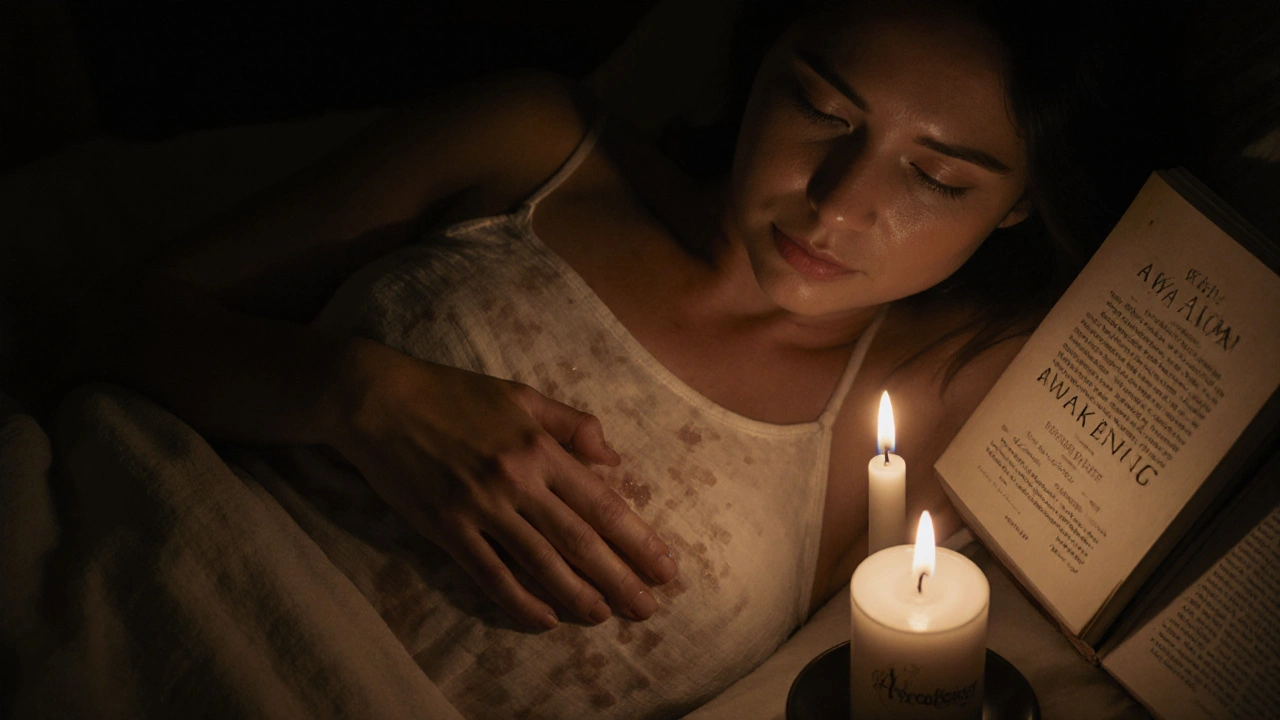 Woman gently touching her own abdomen in a quiet bedroom at night, tears on her cheeks, candlelight glowing.