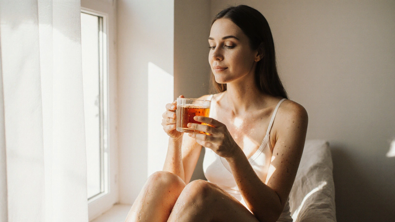 Woman with glowing skin after massage, sitting by a window, holding tea, natural and serene moment.