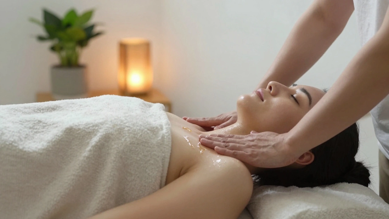 A client lies peacefully under a blanket in a quiet therapy room, eyes closed, as gentle hands glide over their skin in slow, soothing motions.