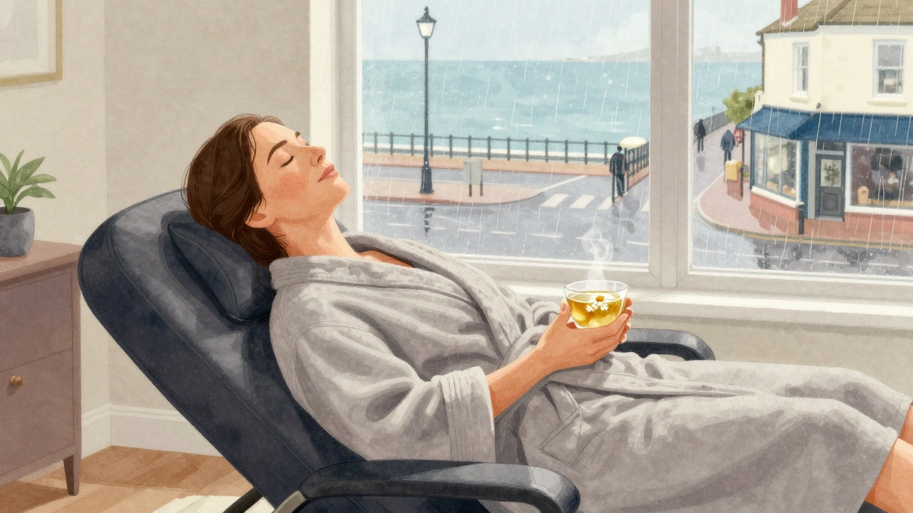 A client smiling peacefully after a massage, wrapped in a robe, holding tea, with a quiet seaside view outside.