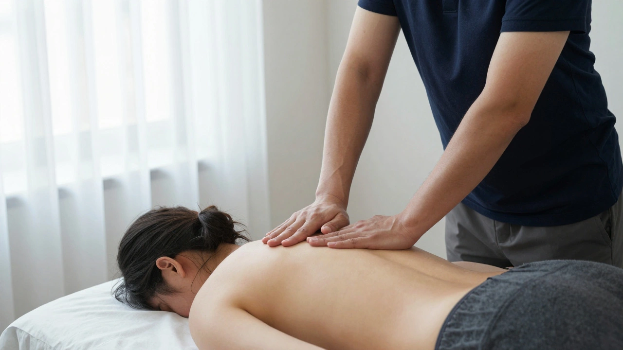 A massage therapist applying deep tissue pressure to a client&#039;s upper back in a clean, well-lit clinic.