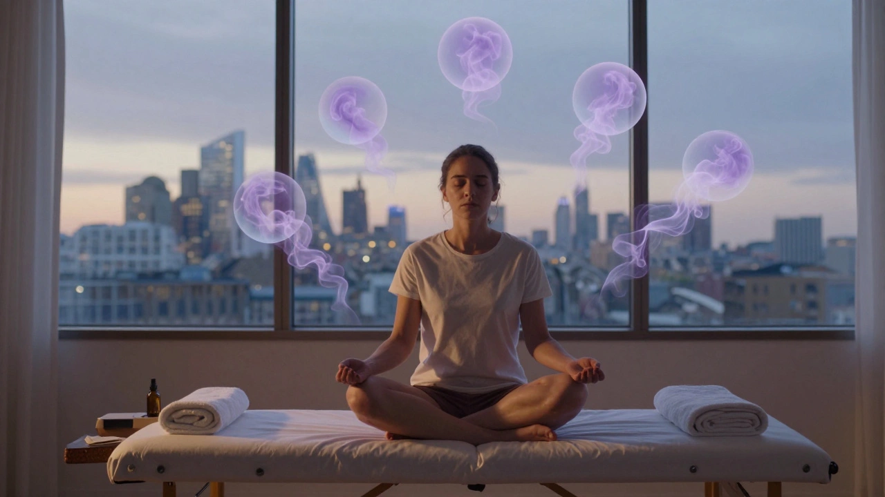 A person in deep relaxation as stress dissolves into lavender smoke, symbolizing emotional reset and peace.