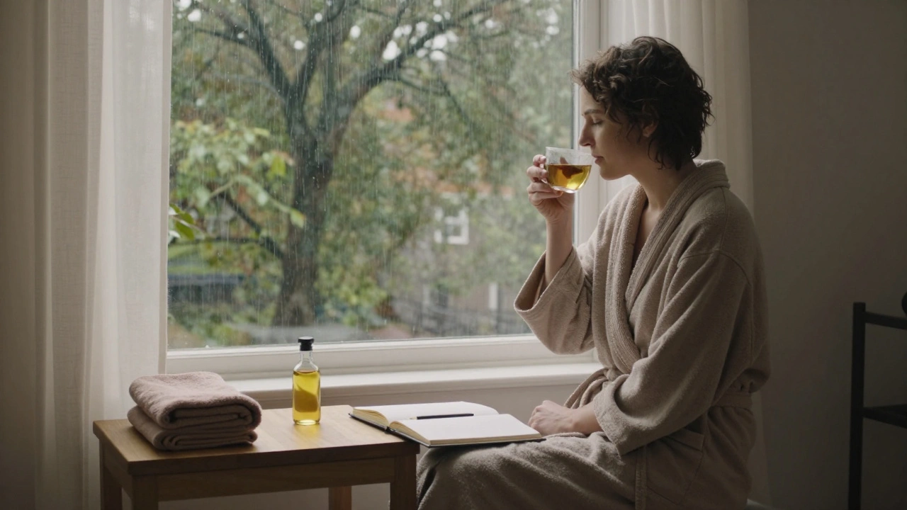 A person sitting calmly in a robe after a massage, sipping tea by a rainy window in a serene London studio.