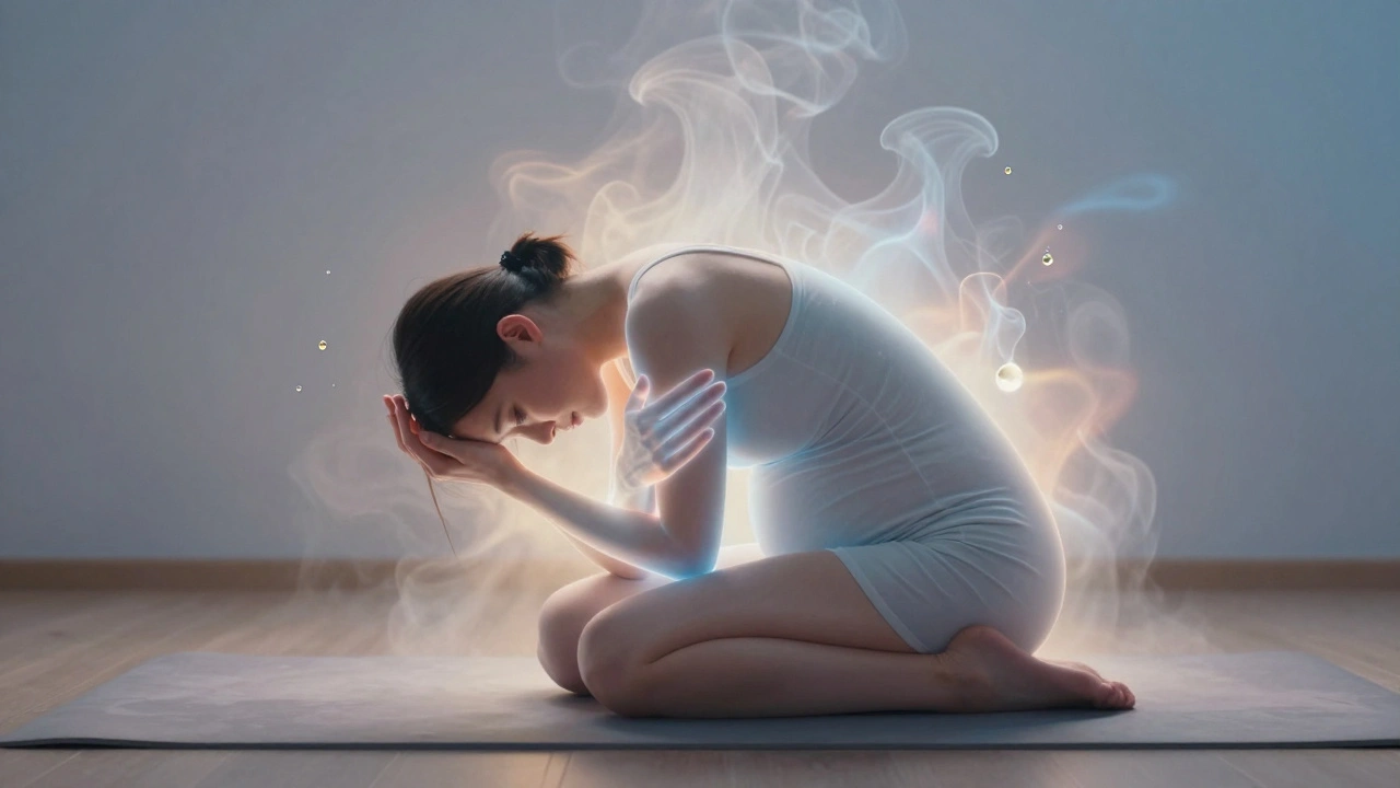 A pregnant woman cradled by glowing light hands releasing tension from her body in a serene bedroom.
