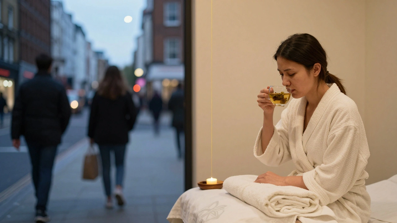 A split scene contrasts a busy London street with a serene massage studio interior, symbolizing the journey from stress to deep relaxation.