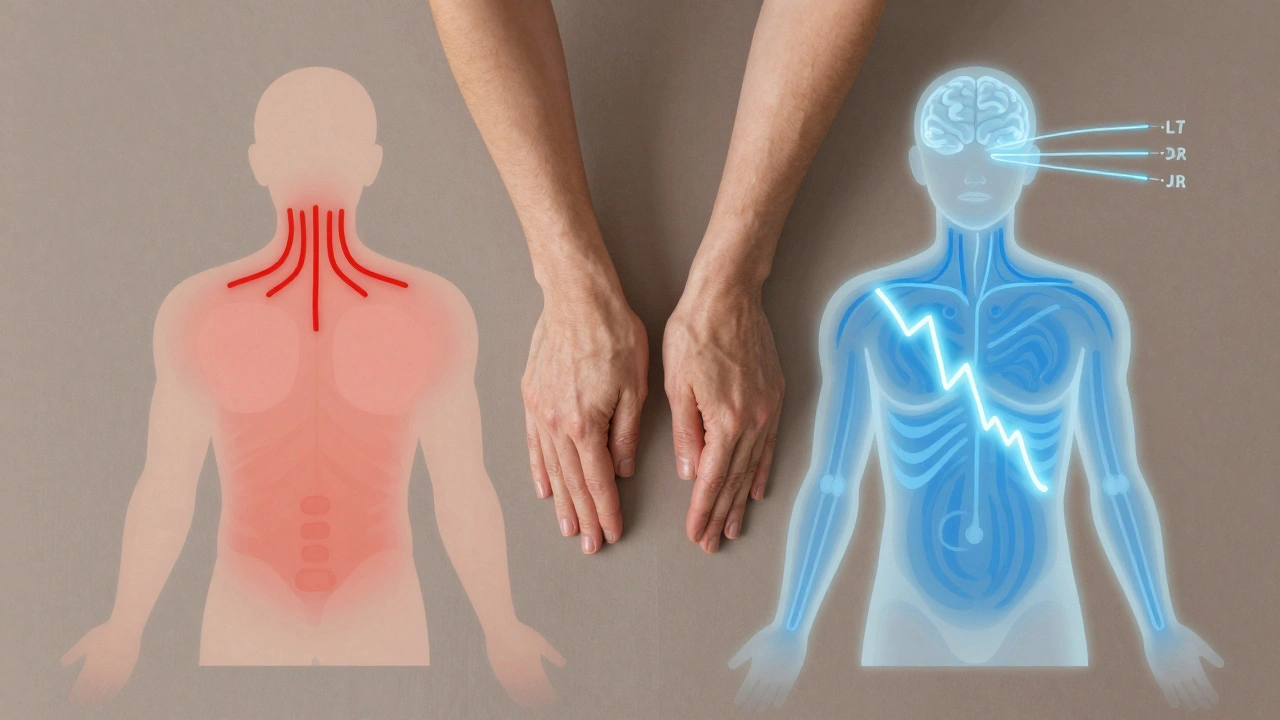 A stylized human torso showing tension transforming into calm circulation and reduced stress hormones through massage.