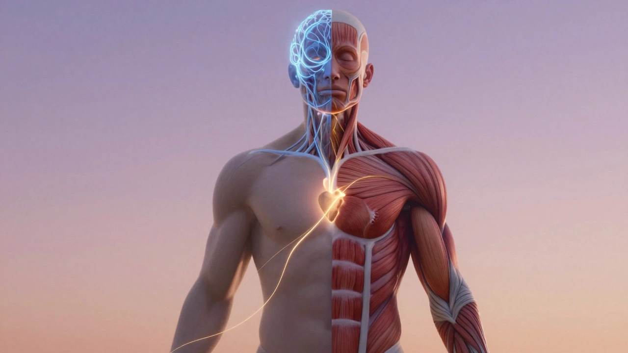 A symbolic human silhouette with neural pathways on one side and tense muscles on the other, connected by a golden thread of light.