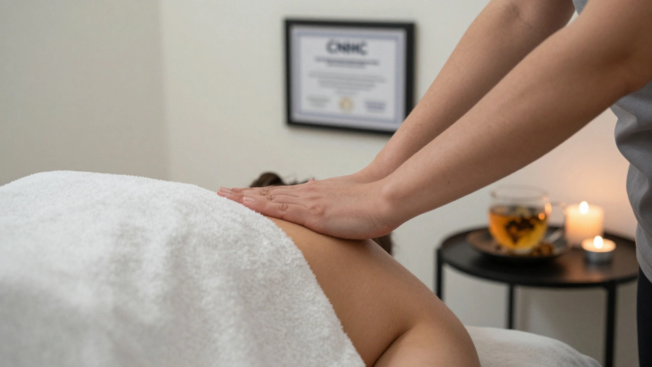 A therapist&#039;s hands working on a shoulder through a draped towel, with a professional certification visible on the wall.