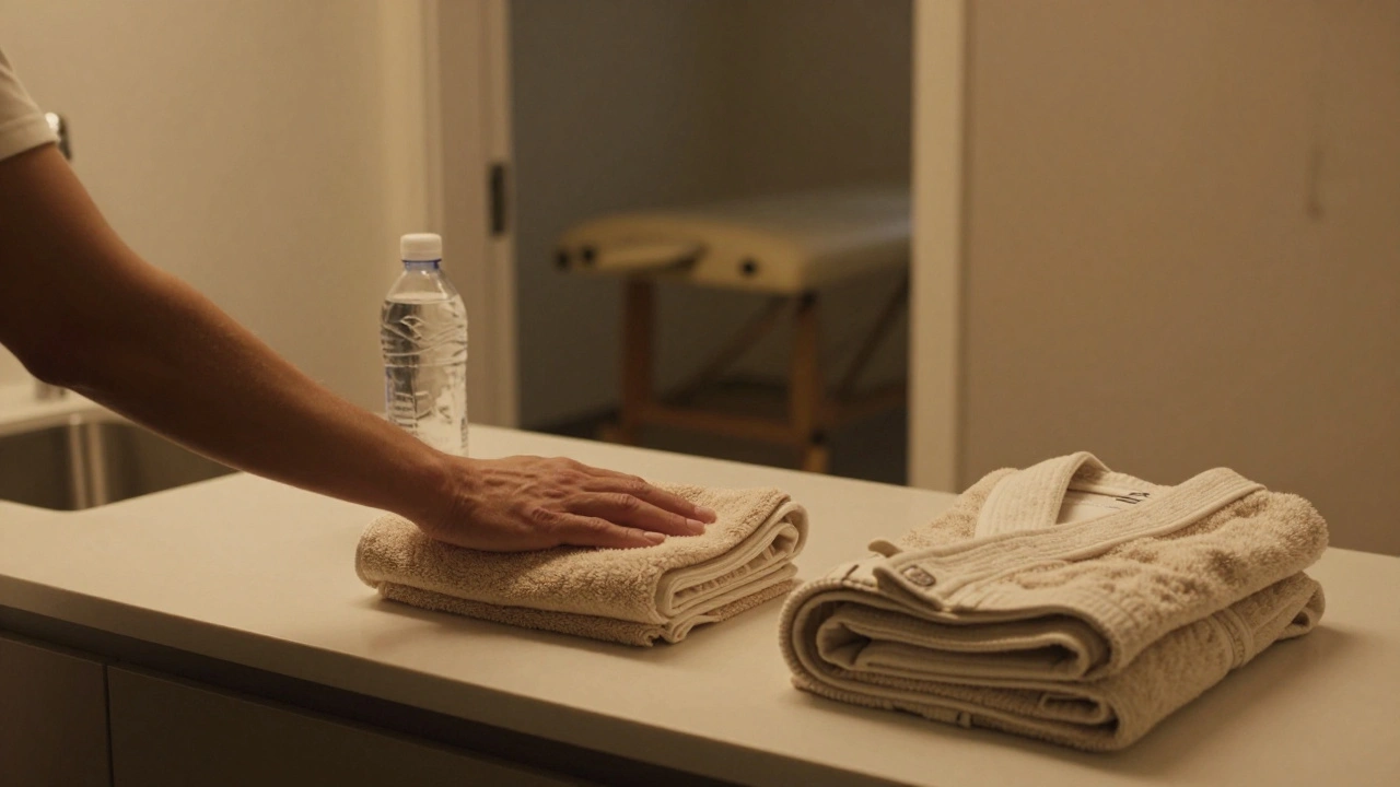 A warm towel and water bottle left on a kitchen counter after a mobile massage session.