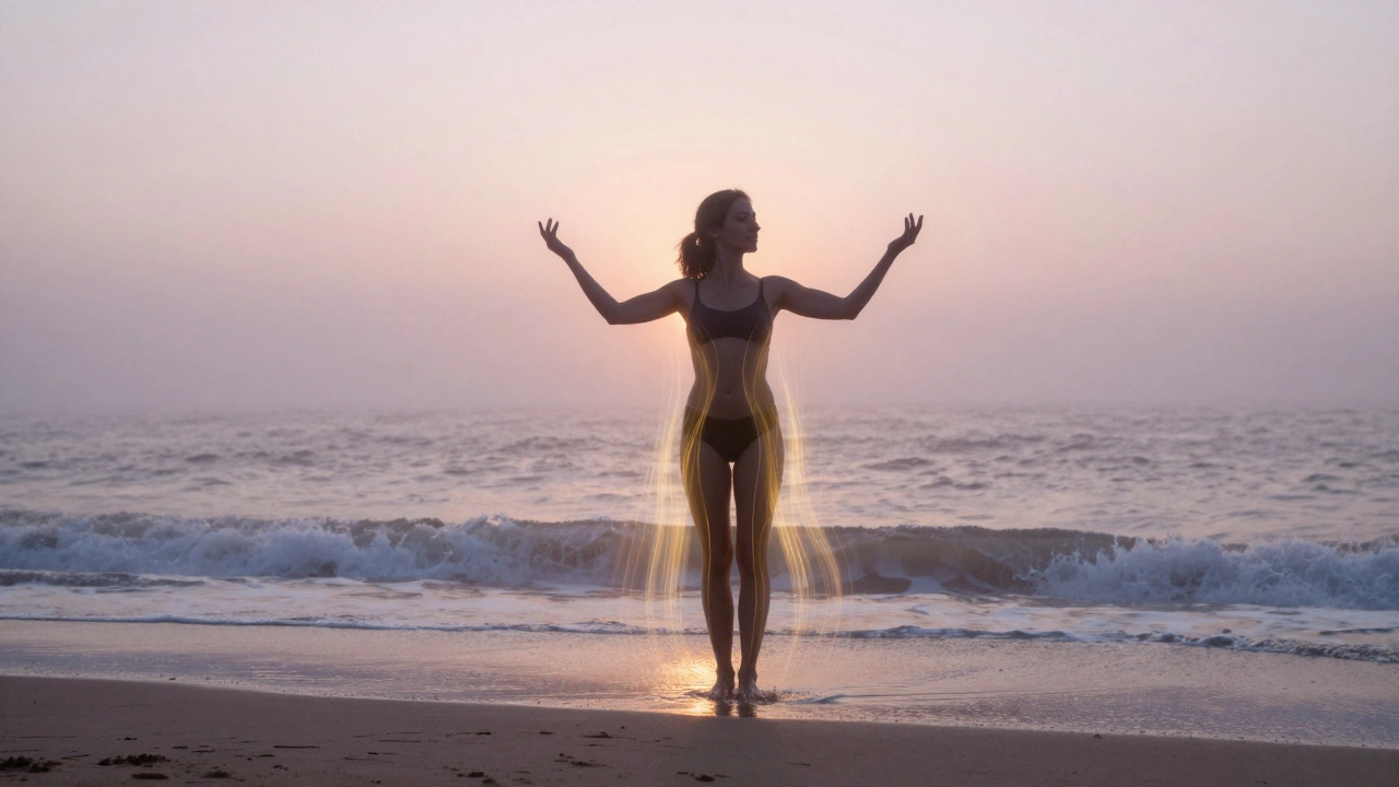 A woman standing on a beach at sunrise, radiating subtle golden waves of renewal, symbolizing lymphatic release and lightness.