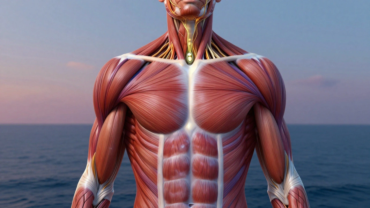 Abstract human form with tension in muscles releasing into calming golden energy flows toward the brain.
