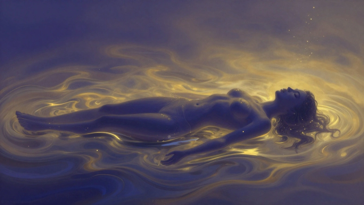 Abstract silhouette merging with flowing oil, representing emotional release and deep relaxation.