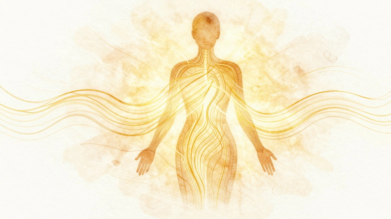 Abstract watercolor of calming waves dissolving stress, symbolizing emotional release through touch.