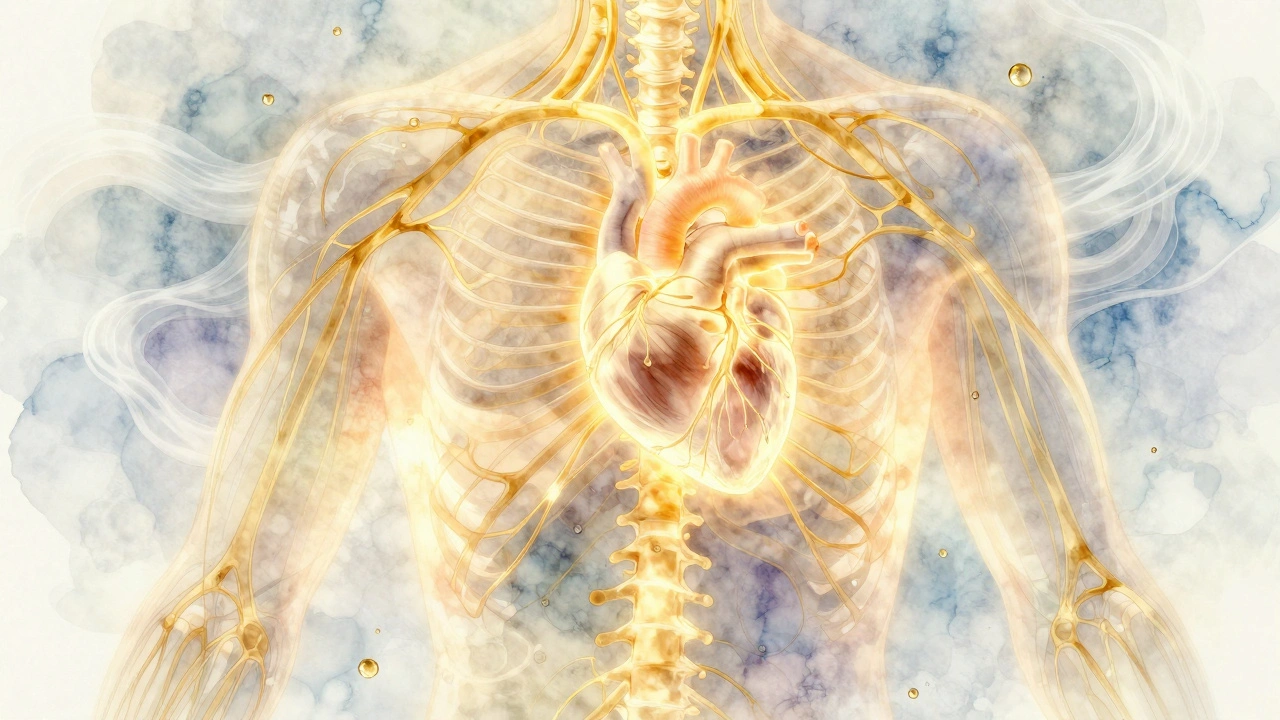 An abstract glow of the nervous system with golden light and floating oil droplets, symbolizing touch and calm.