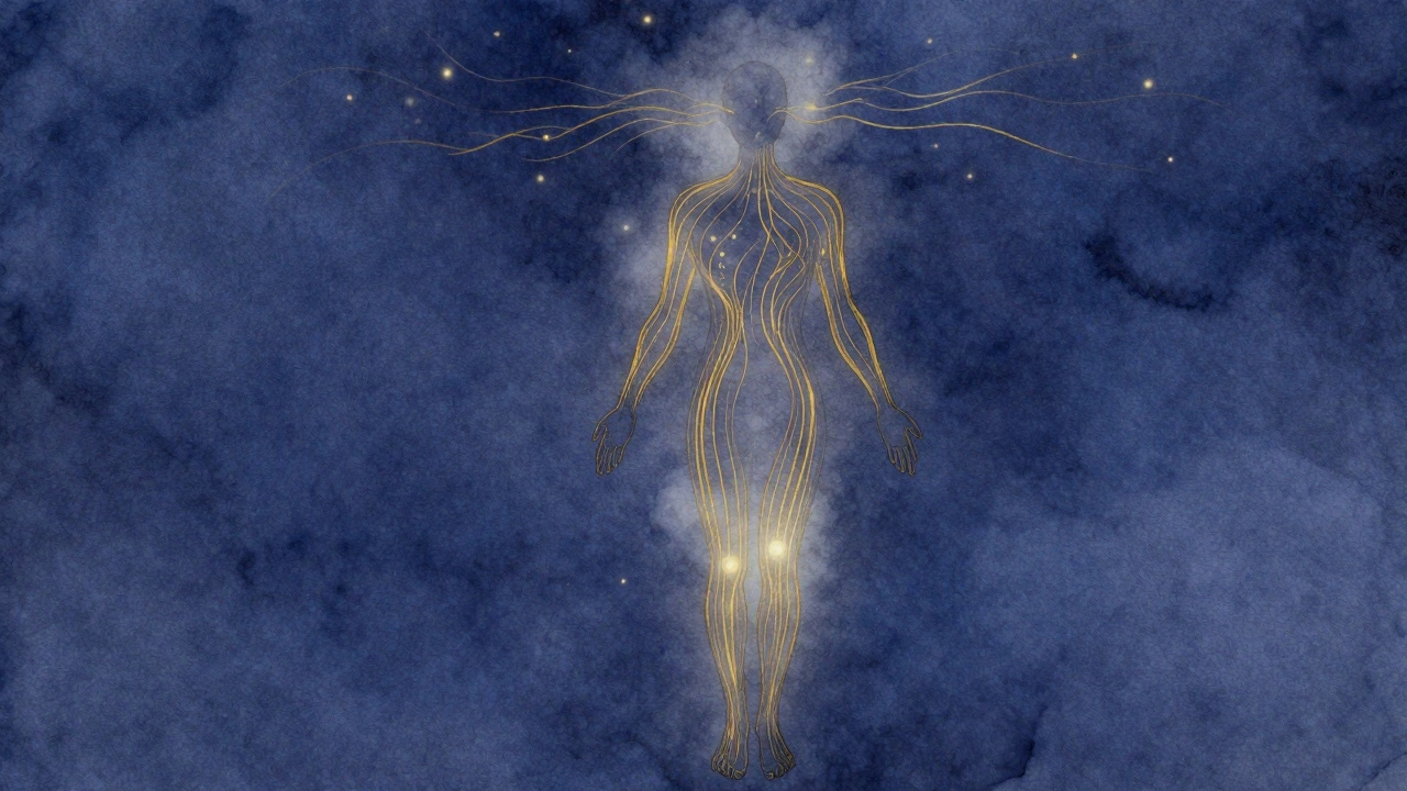 An abstract golden energy flow tracing breath through a human silhouette, dissolving into mist against a dark blue background.
