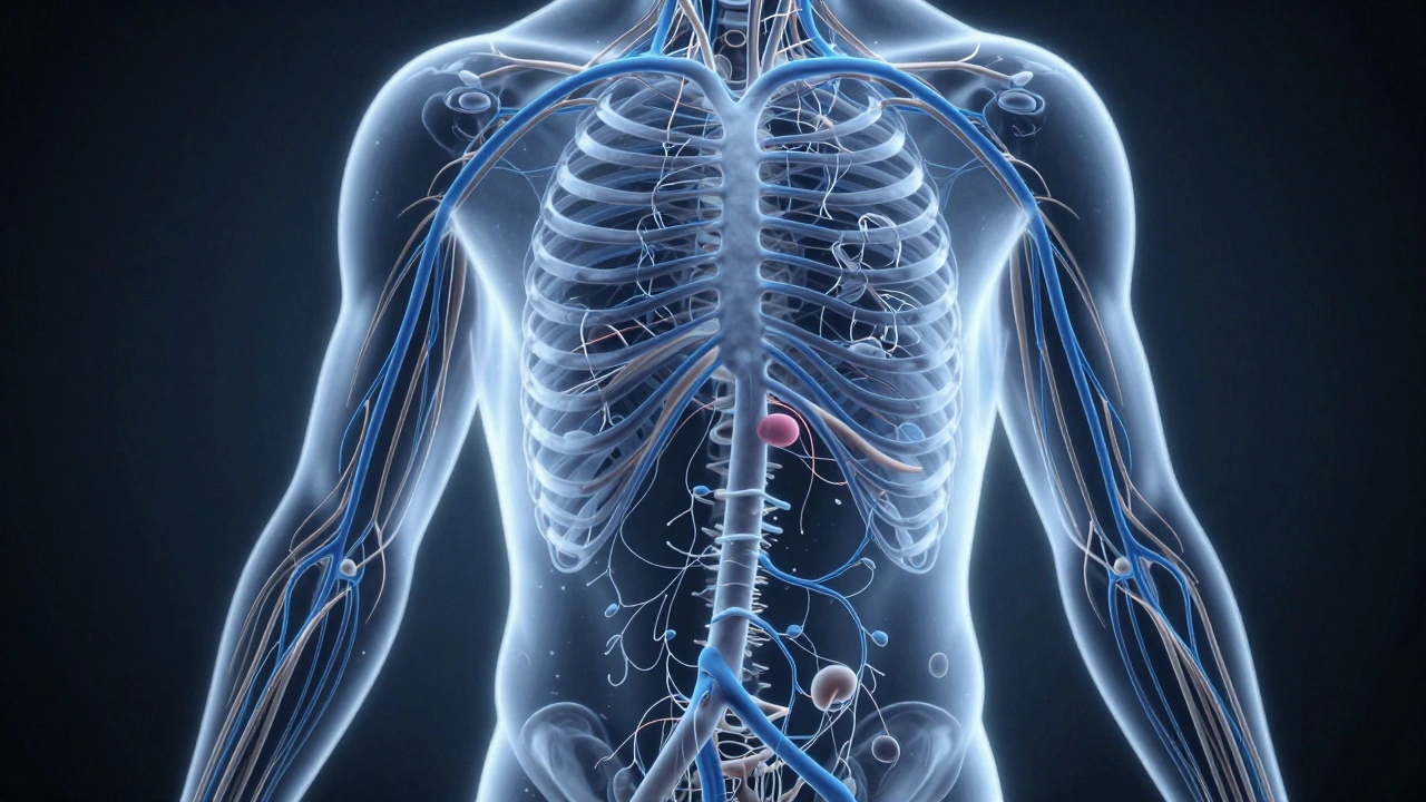 An artistic depiction of the body&#039;s lymphatic system as a glowing network of delicate vessels flowing beneath the skin.