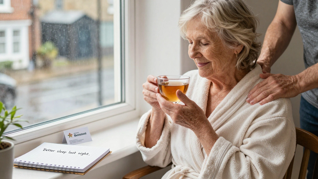 An elderly woman sipping tea after a private massage, smiling peacefully in her sunlit home.