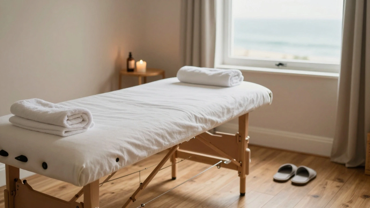 An empty massage room with a table, oil bottle, candle, and slippers, sunlight streaming through a window.