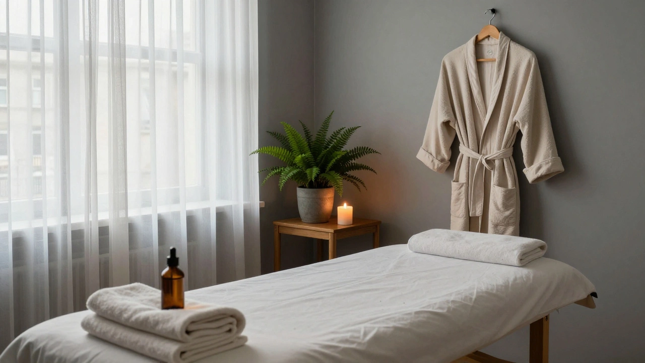 An empty, peaceful massage room with a heated table, folded towels, and a single candle, waiting for the next session.