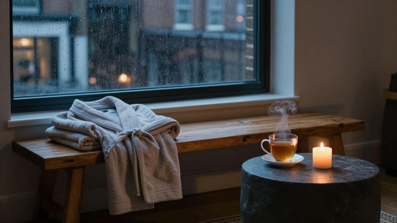 An empty wellness room after a session: robe, tea, candle, and rain-dappled city lights visible through a window, evoking deep calm.