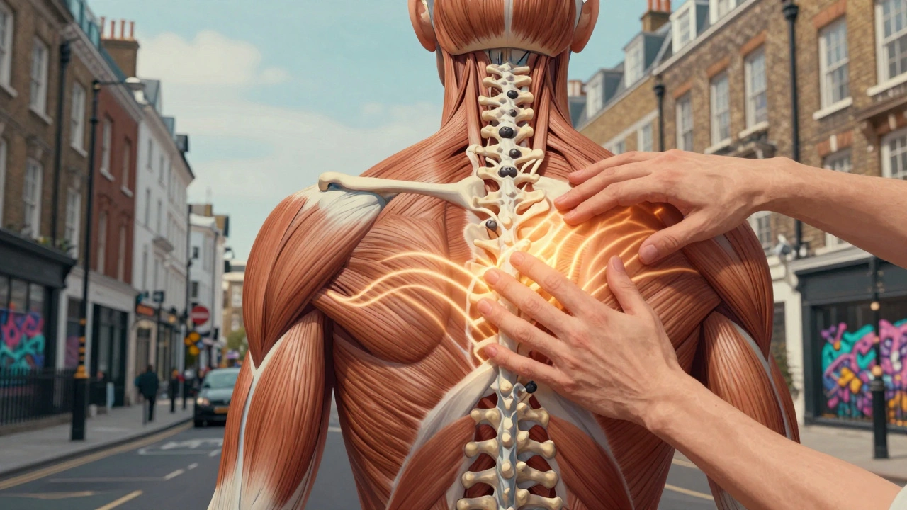 Anatomical illustration of tension in the body mapped onto East London streets, with therapeutic hands releasing relief.