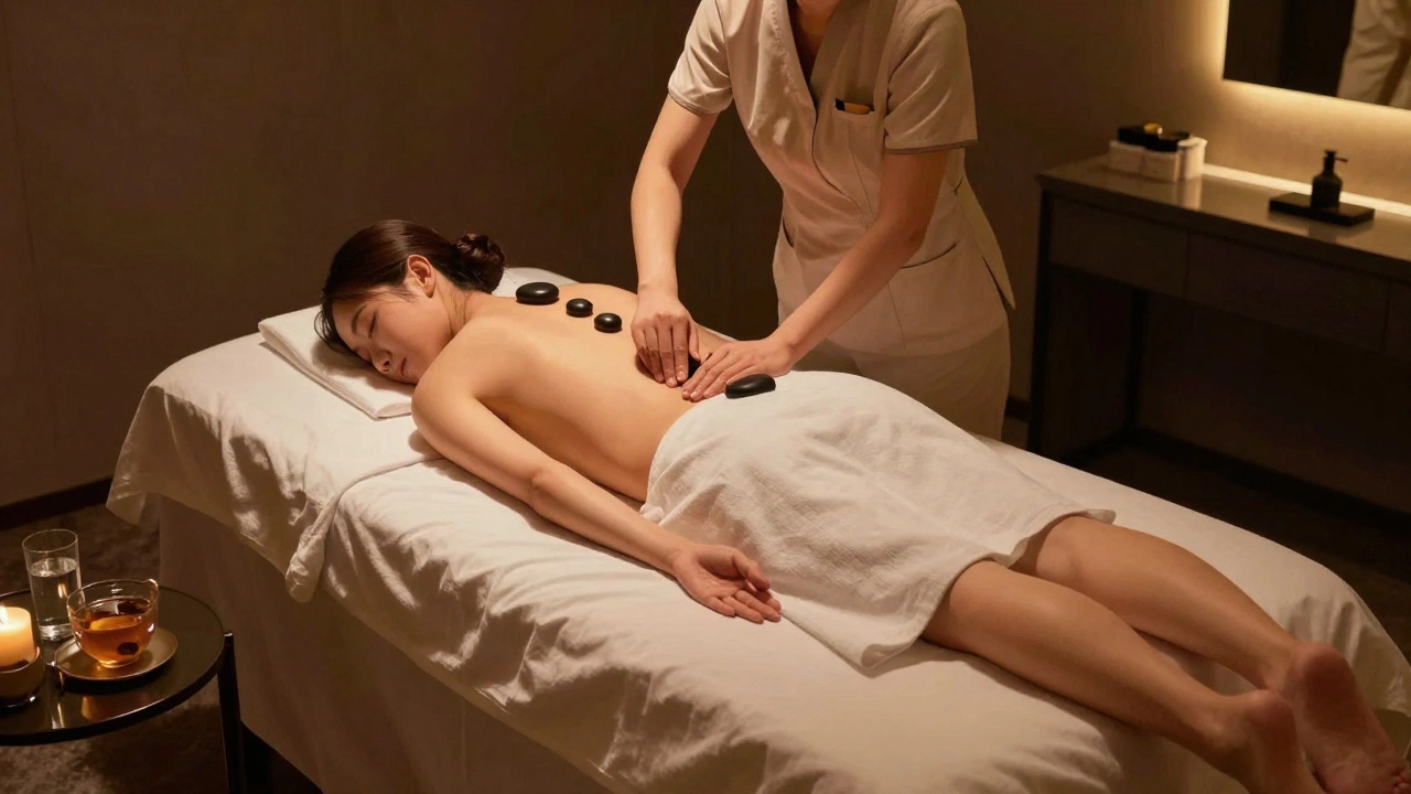 Client receiving a hot stone massage in a hotel room with soft lighting and herbal tea nearby.