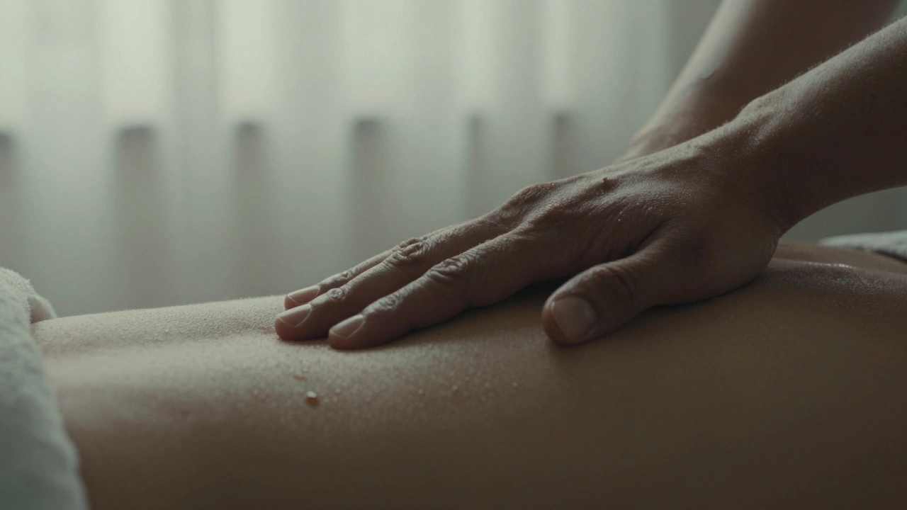 Close-up of a hand paused on a abdomen, oil glistening, with a tear on the recipient&#039;s temple—quiet emotional release in soft light.