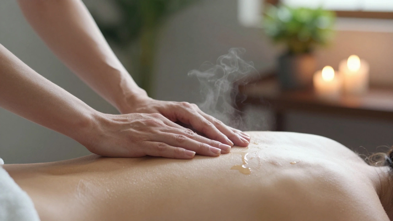 Close-up of clothed hand gently pressing oil into bare skin on lower back, heat and connection implied, soft background blur.