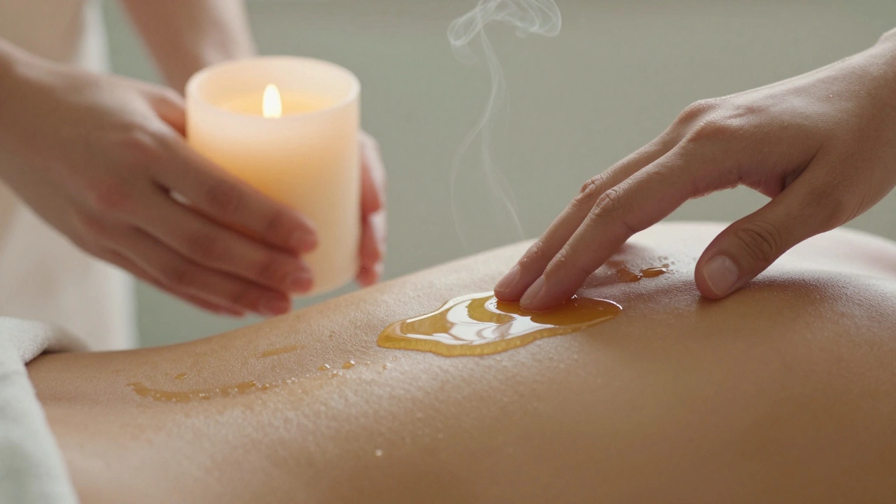 Close-up of hands applying golden melted beeswax oil to skin, with soft steam rising in the background.