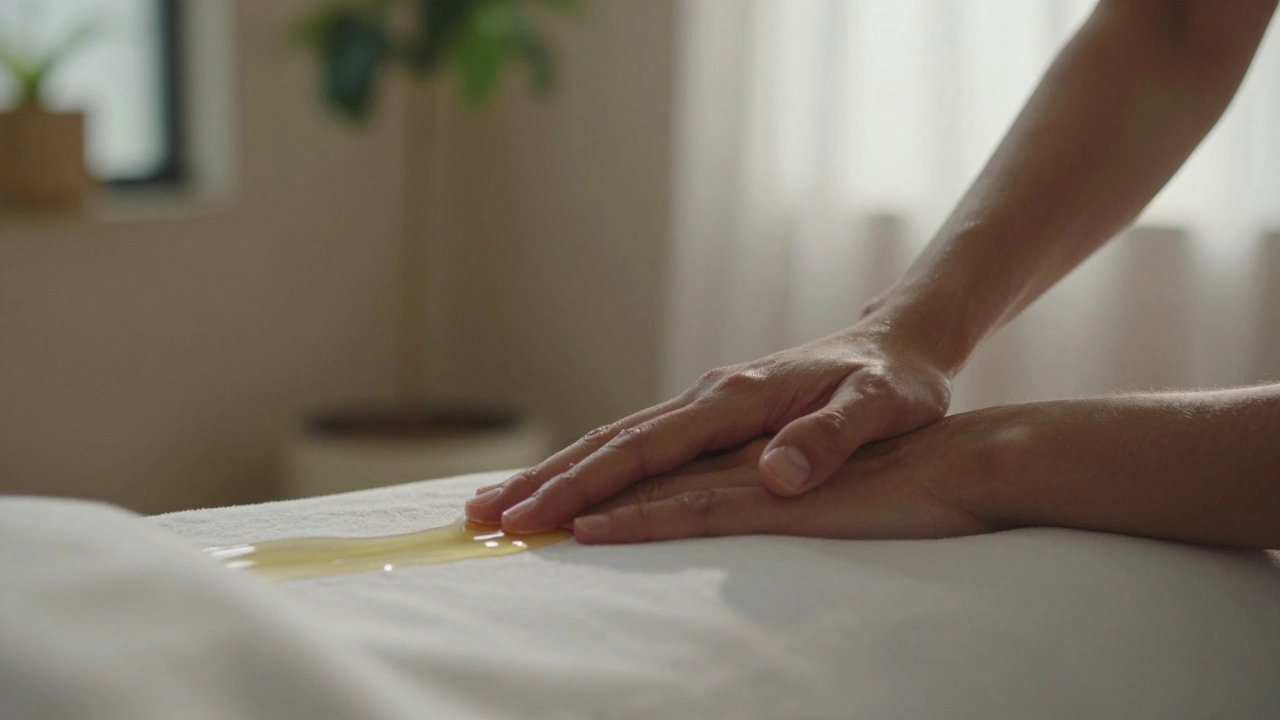 Close-up of therapist&#039;s forearm and client&#039;s hand connected by oil, symbolizing gentle, flowing touch.