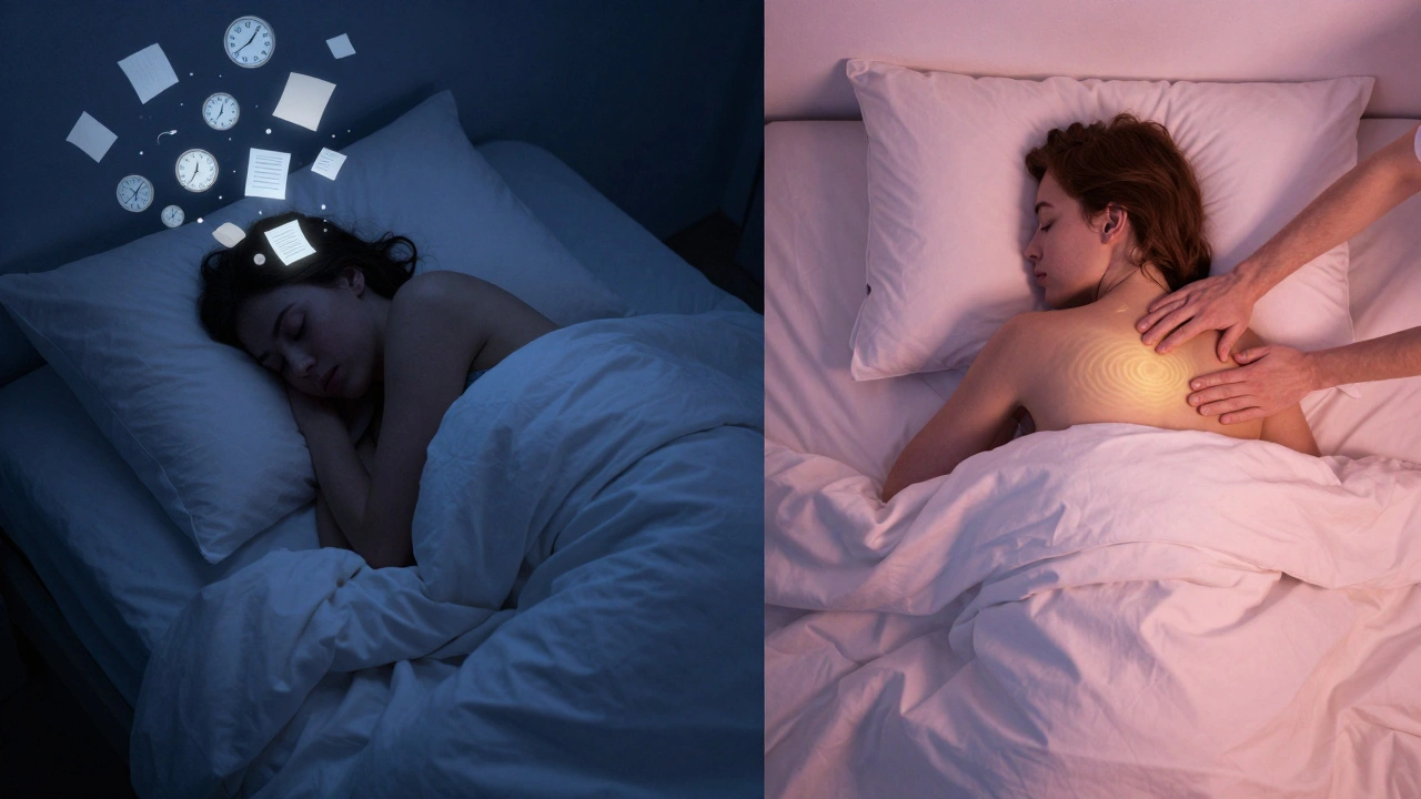 Conceptual image showing chaotic thoughts at night versus peaceful sleep after massage therapy.