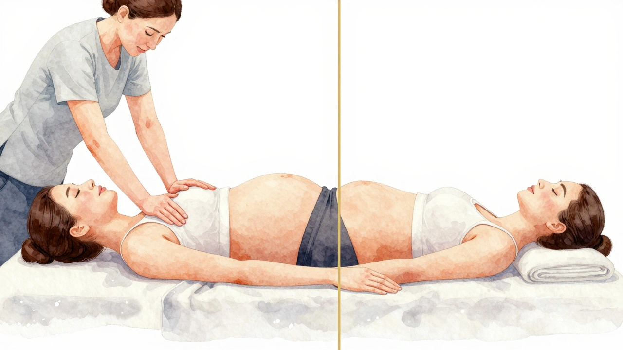 Contrasting images: unsafe flat-back massage vs. safe side-lying prenatal massage.