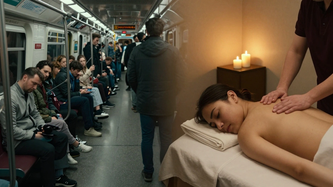 Contrasting London's busy subway with a peaceful massage room, showing stress versus relaxation.