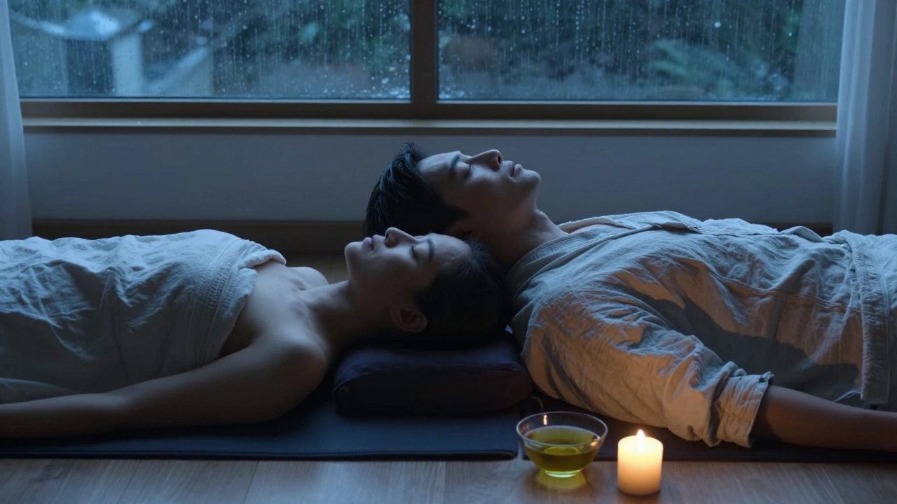 Couple lying back-to-back after massage, breathing together in calm stillness.